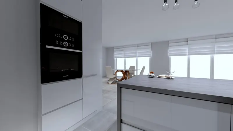 Wizualizacja 3D kuchni z wyspą, otwartej na jadalnię – projekt Kuchnie Chisel