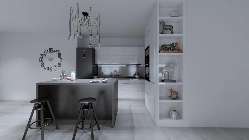 Wizualizacja 3D kuchni z wyspą barową, hokerami i otwartym regałem – projekt Kuchnie Chisel
